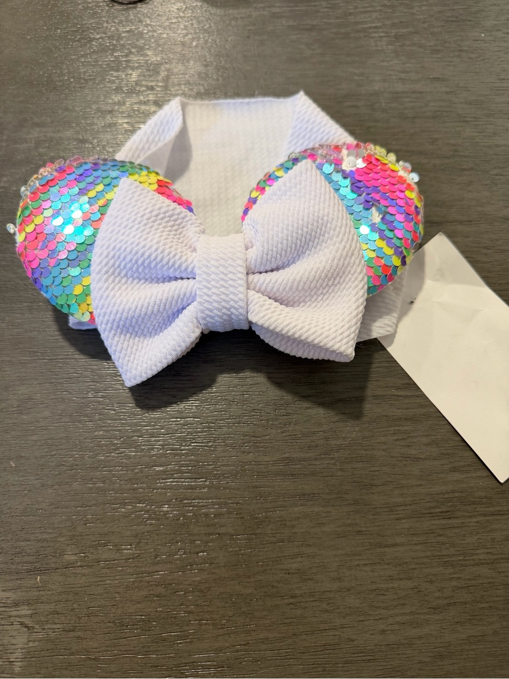 Disney White Bow Headband with Rainbow Sequin Ears for Kids